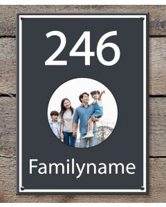house number sign with family photo
